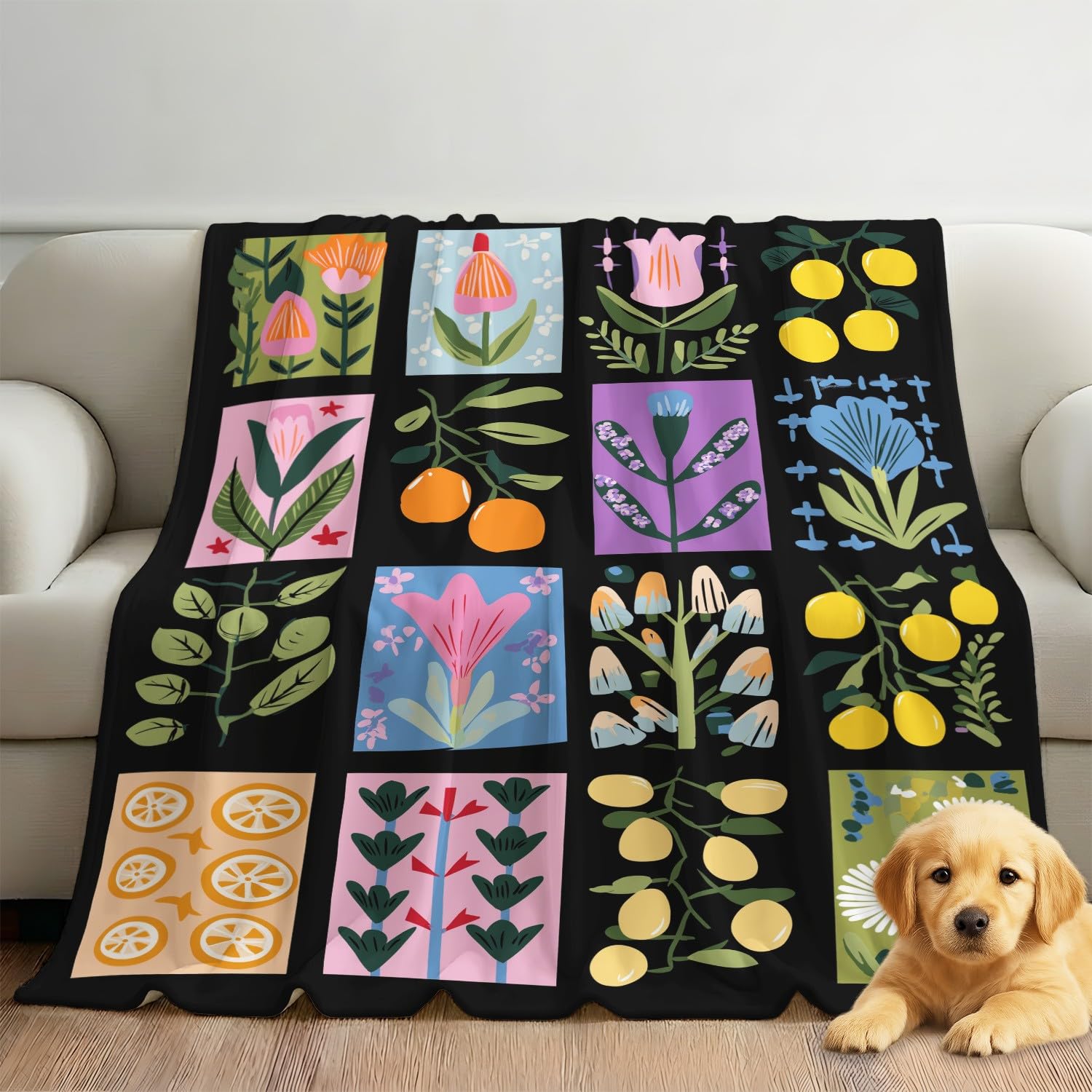 Kuscheldecke Flauschig 150 cm x 200 cm - Wohn Kuscheldecken Modern Folk Fleecedecke Weich und Warme, Botanisches Kollage Karomuster Schwarz Blumen Farbe Wohndecke Flanell Fluffy Blanket