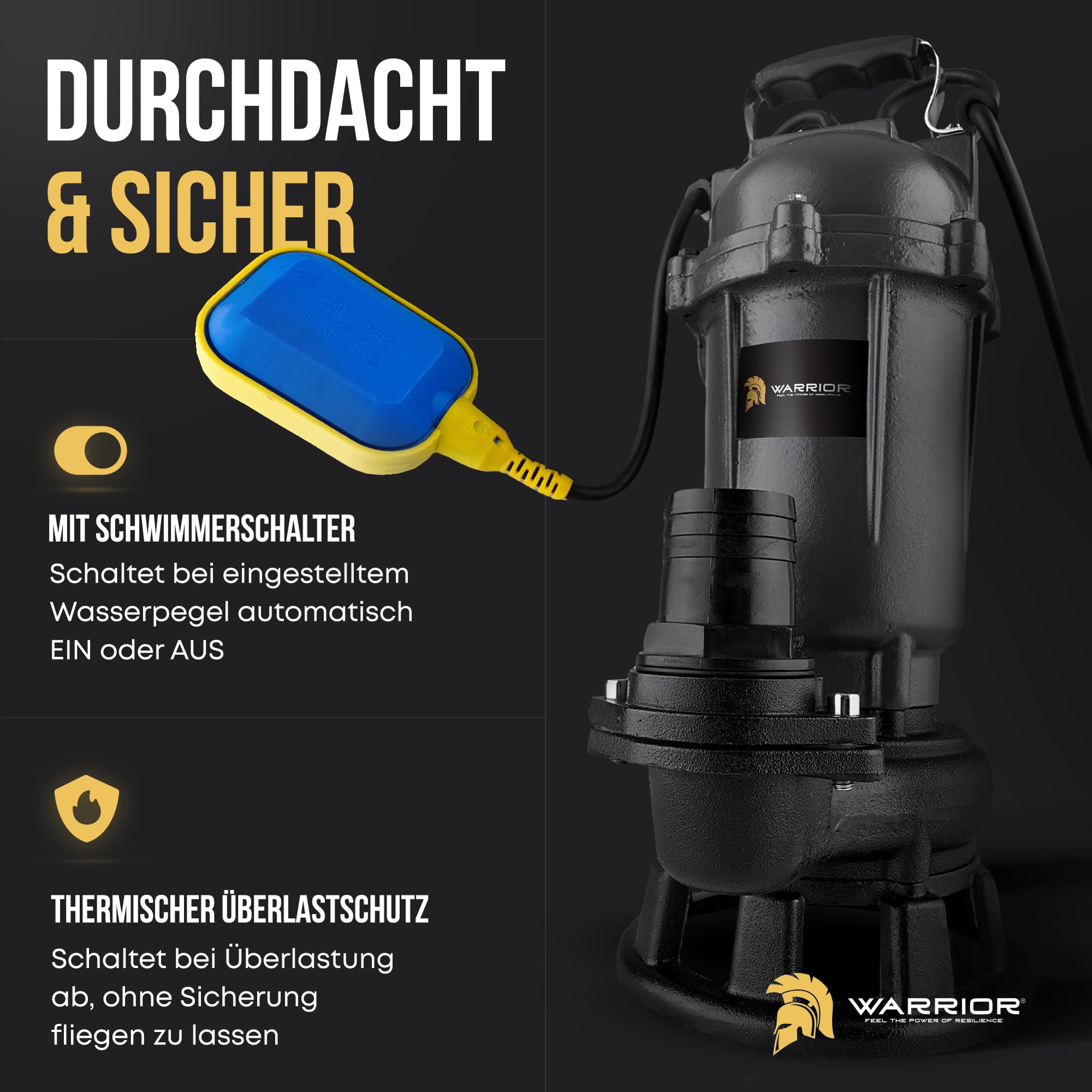 WARRIOR® Schlammpumpe [TESTSIEGER] mit HydroVortex X7 Schneidwerk, Fäkalienpumpe 1500W + 20M - 2"Gewebeschlauch, inkl. Tragetasche, Schmutzwasserpumpe mit Schlauch und Häcksler