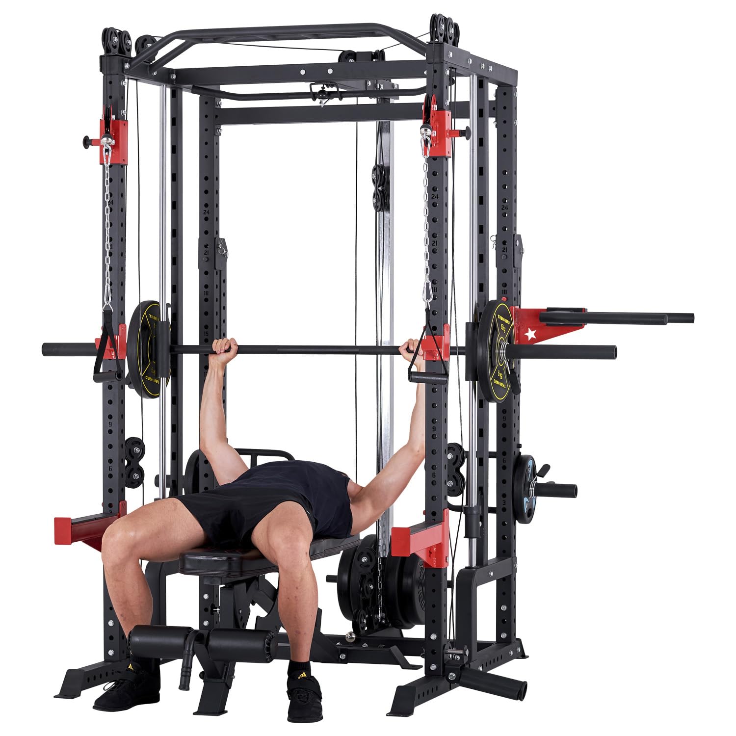Train Hard® Smith Maschine Power Rack Multipresse Kraftstation, Beinpresse, Klimmzug, Latzug, Dip Bar, Rudern, Langhantel und Zubehör Modell 2024