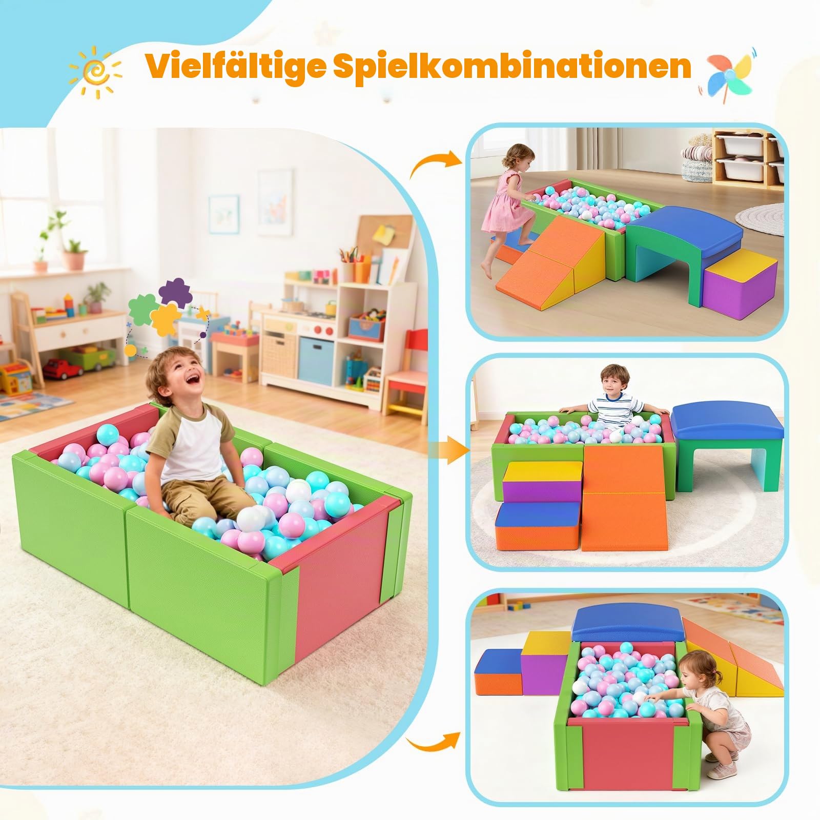 Bällebad Baby 90x56x30cm, Schaumstoff Spielbecken mit PU-Leder, Versteckter Reißverschluss, Waschbar, Abwaschbar, Sicher für Kinder, Faltbar