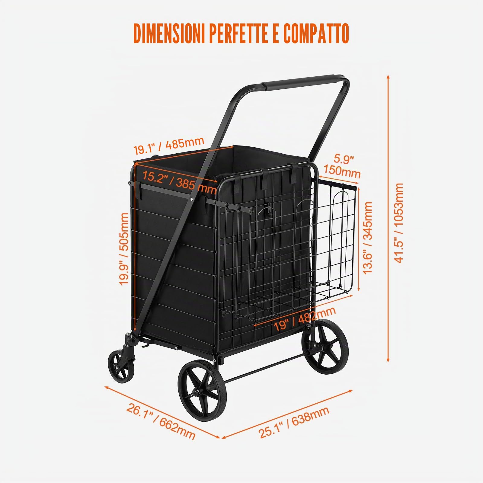 VEVOR Carrello Portabiancheria con 4 Ruote Cesto per Lavanderia Portabiancheria con Cesto Posteriore Portaoggetti Carico Max. 150,5 kg, Cestino Dimensioni Generali 638 x 662 x 1053 mm