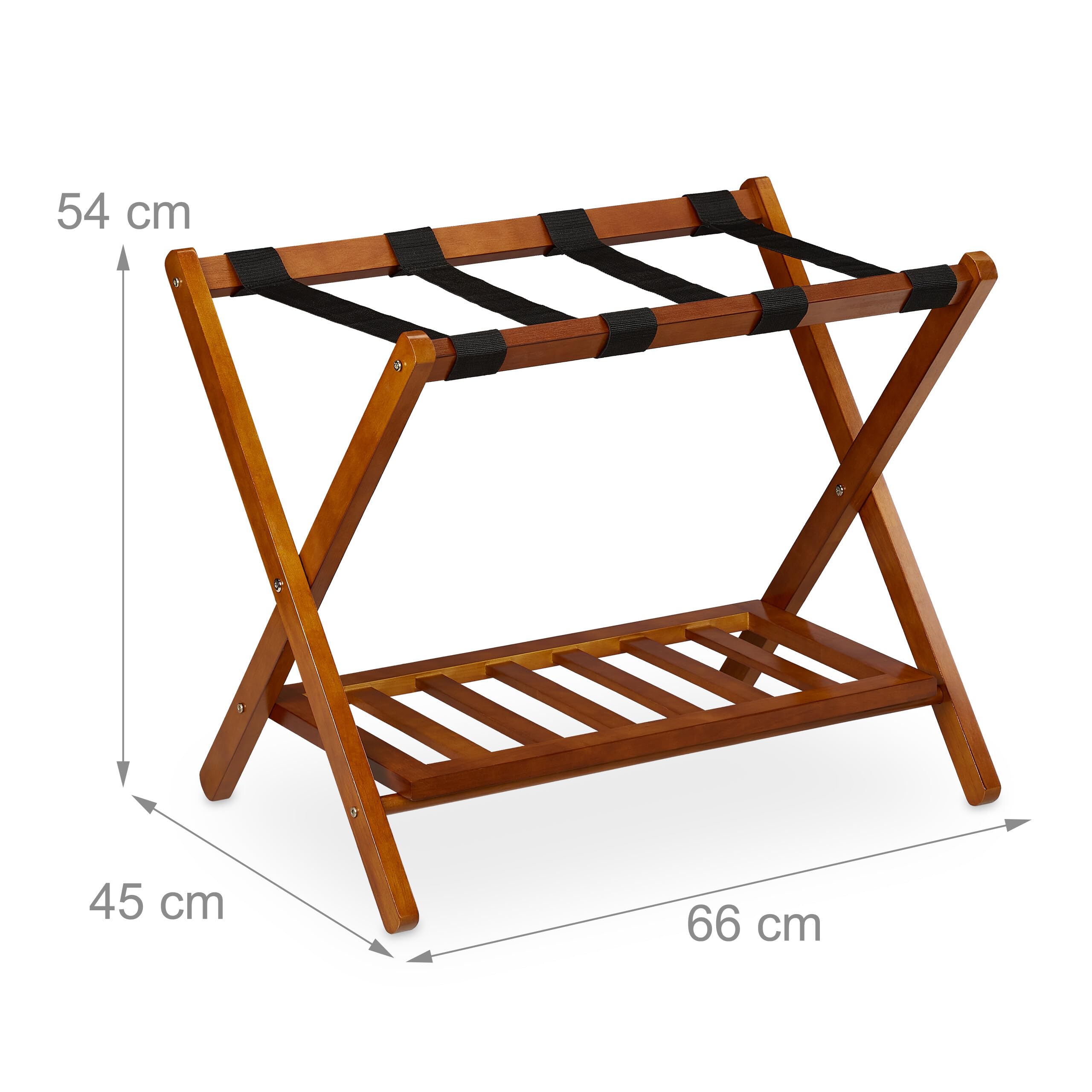 Relaxdays Kofferständer klappbar, 2er Set, Holz, H x B x T: 54 x 66 x 45 cm, 2 Ablagen, Kofferaufbewahrung Hotel, Natur