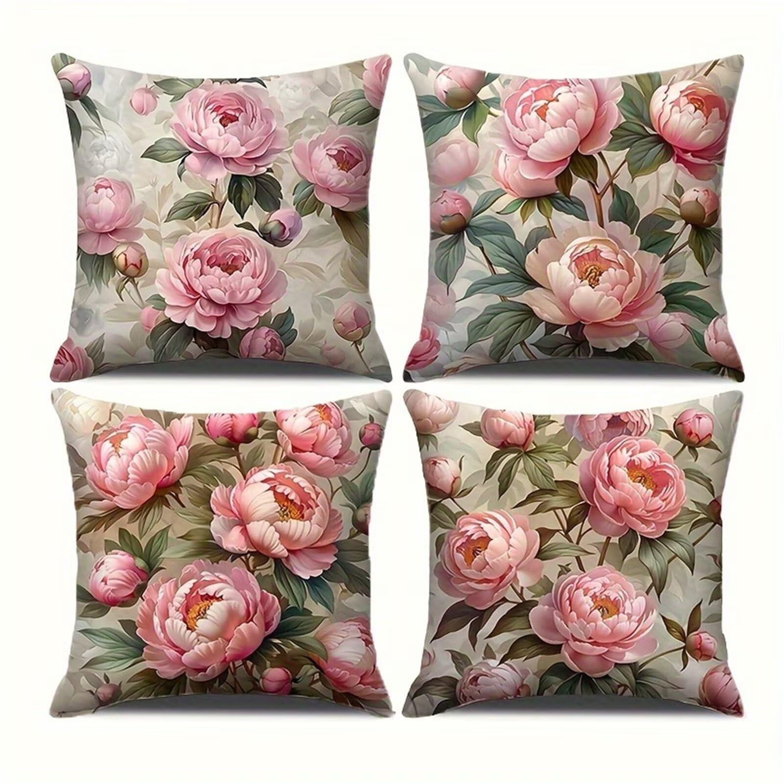 Housse de coussin 30x30 cm rose pivoine lin décoratif pour canapé moderne de salon