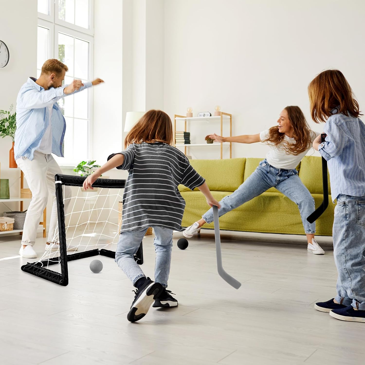 Leyndo 2 Sets Kids Mini Hockey Set Includes 2 Hockey Nets 2 Mini Hockey Goal 4 Plastic Mini Hockey Sticks 4 Foam Balls Knee Hockey Goal Hockey Ball for Kids Indoor Floor (Dark Color) - Image 6