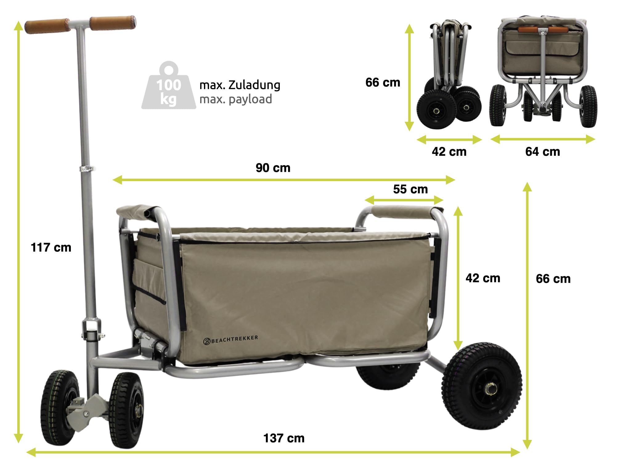 Beachtrekker Life Faltbarer Bollerwagen, klappbarer Handwagen + Feststellbremse + Sonnenverdeck (Luftreifen, Beige)