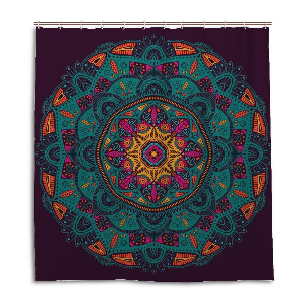 Rideau de douche en polyester ethnique coloré lavable avec 12 crochets 180x180 cm