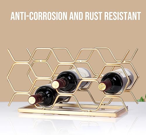 Miniatura 7 de Drincarier Estante de vino para encimera, 10 botellas, moderno, de metal dorado, pequeño, soporte de vino de mesa para gabinete, despensa,