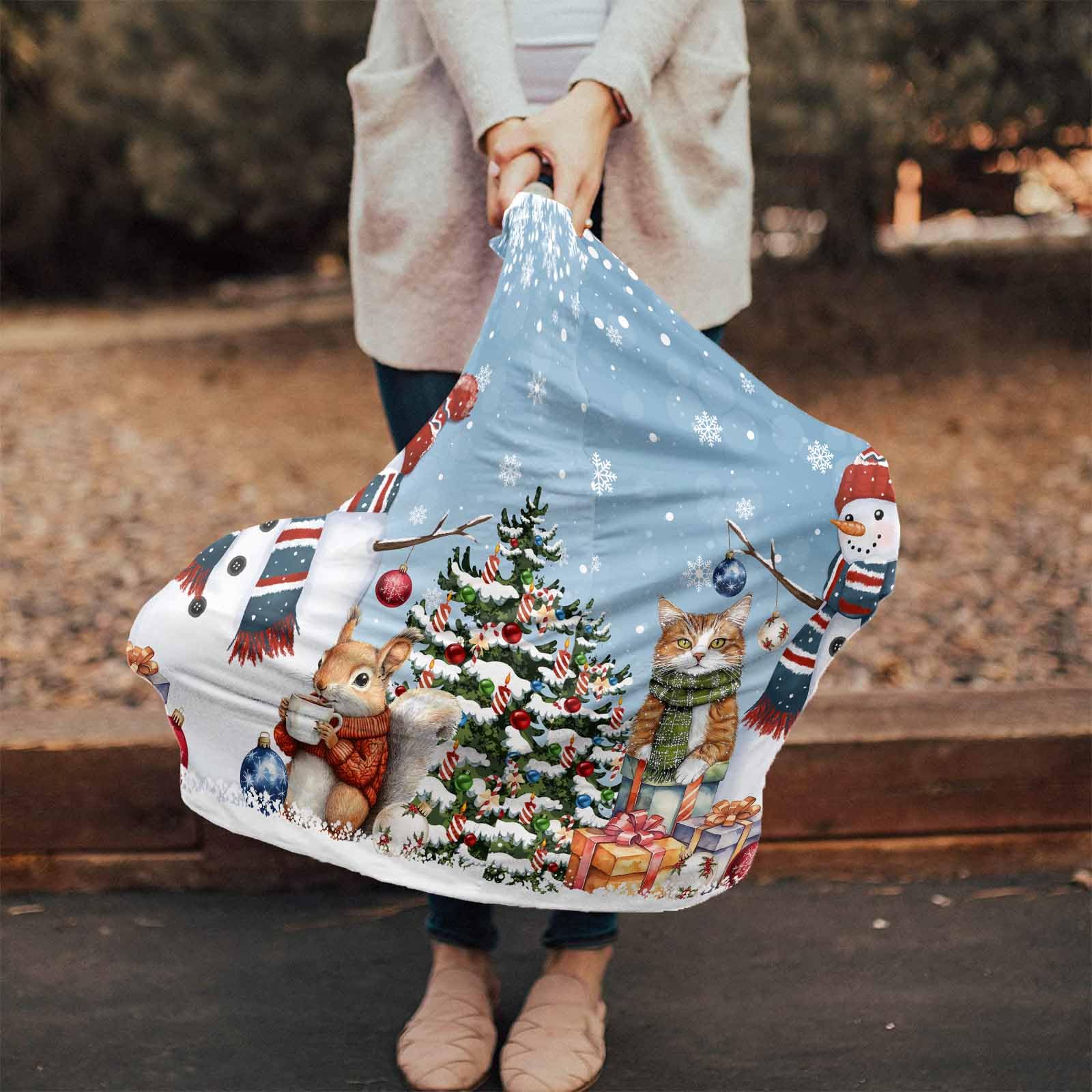 Nursing Cover for Breastfeeding Scarf, Xmas Tree Snowflakes Snowman Squirrel Cat Blue Baby Car Covers Super Soft Multi Use for Canopy Shopping Cart Cover Blanket Stroller Cover