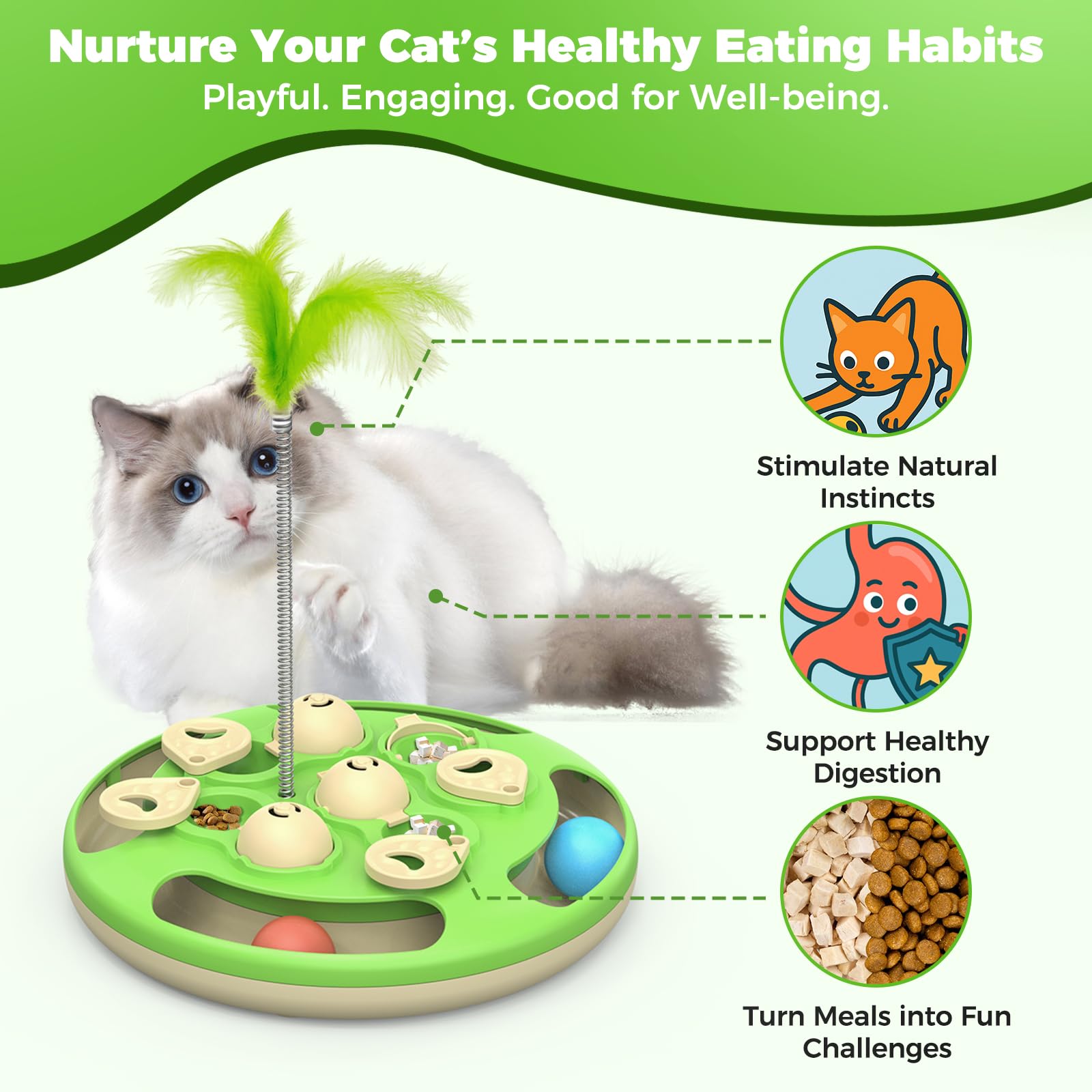 Giocattolo interattivo per gatti, livello 3 in 1, con palline di tracciamento, piuma e mangiatoia, base antiscivolo, arricchimento mentale per gatti da interni, regalo per gattini, verde