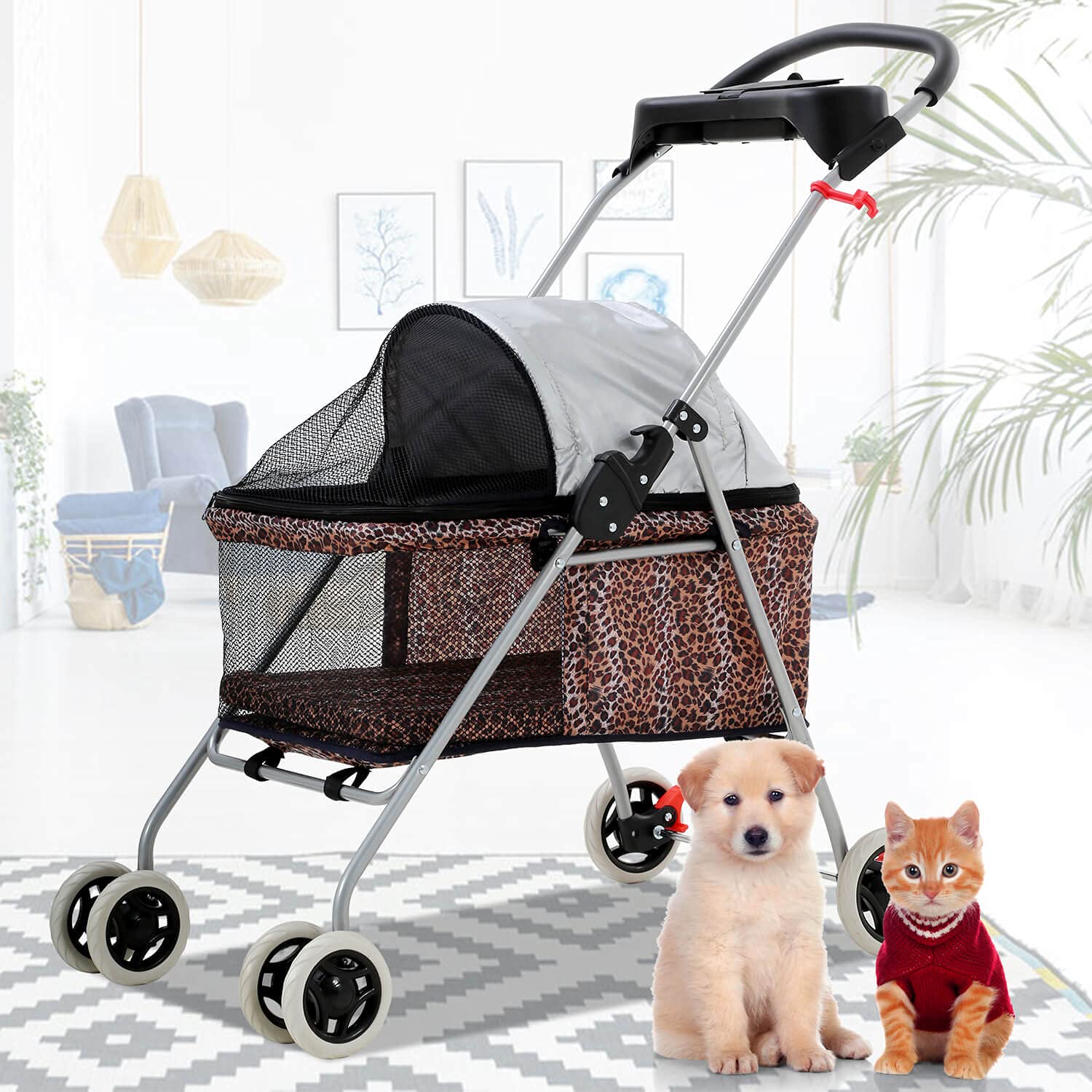 Dog Stroller Pet Cat 4 Wheels Folding w/Cup Holder Durable Waterproof Strollers Portable Travel Strolling Cart w/Zippered Mesh Windows & Pad Canopy,Leopard Skin(Dog Pet Cat Stroller)