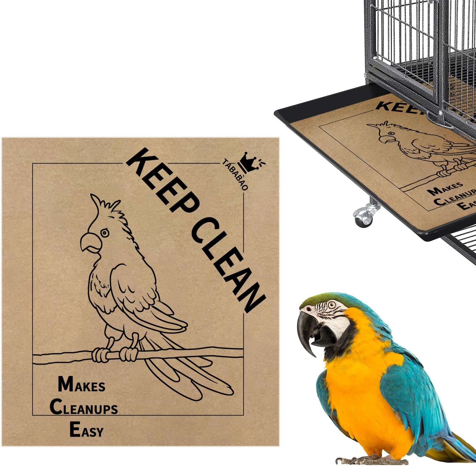 Bird Cage Liner, Bird Cage Paper Liners, 100pcs Pre-Cut Large Bird Cage Liners for Parrot, Parakeet, Conure, Cockatiel, Poly-Coated, Poly Coated Paper Cage Liners, 20 X 18 inch, Brown