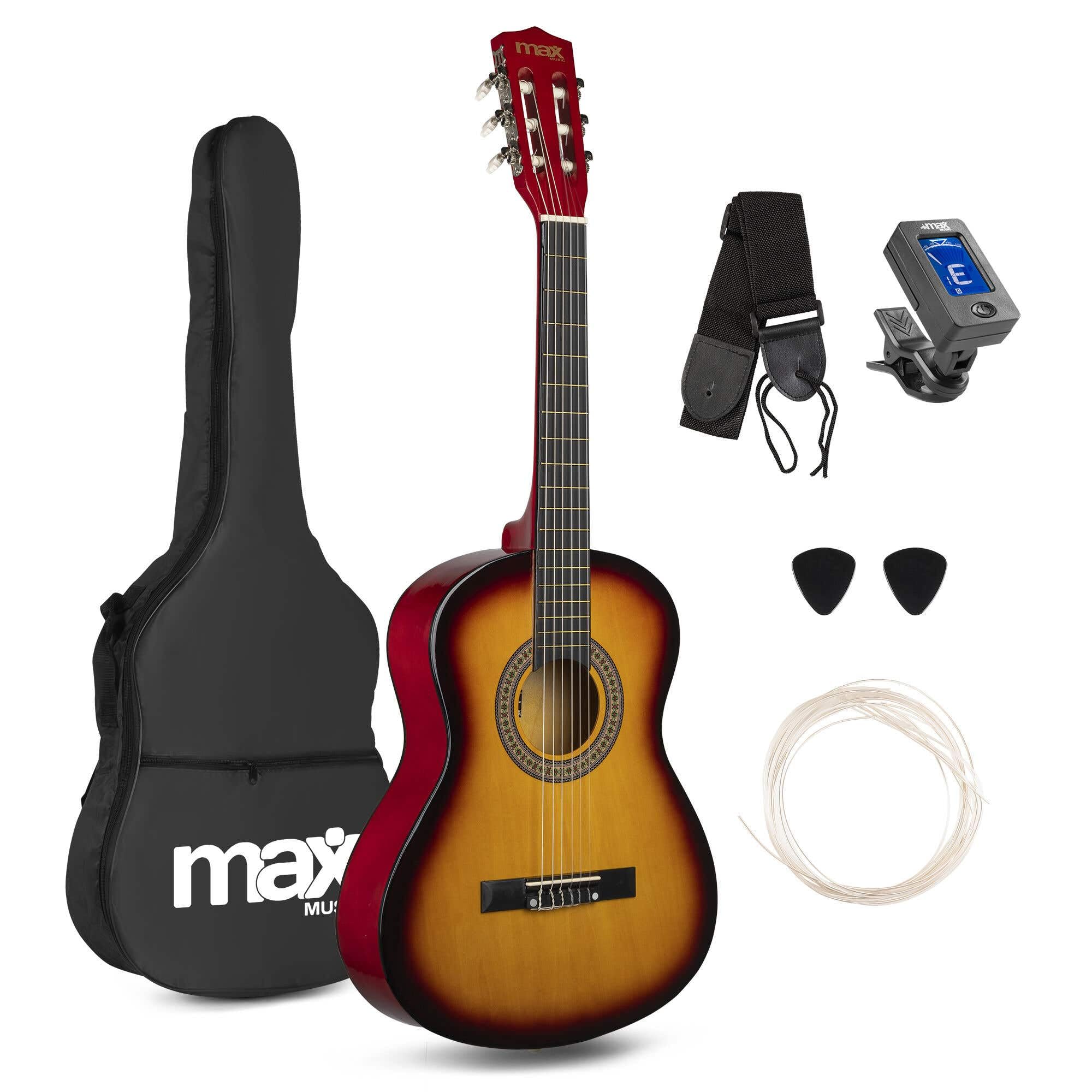 Max SoloArt Pack Guitare Classique Junior 3/4 - Sunburst, Cordes en Nylon, 8 à 12 ans, Sac de Transport, Médiators, Sangle, Support Guitare, un Cadeau pour Enfants Idéal pour Débuter la Guitare