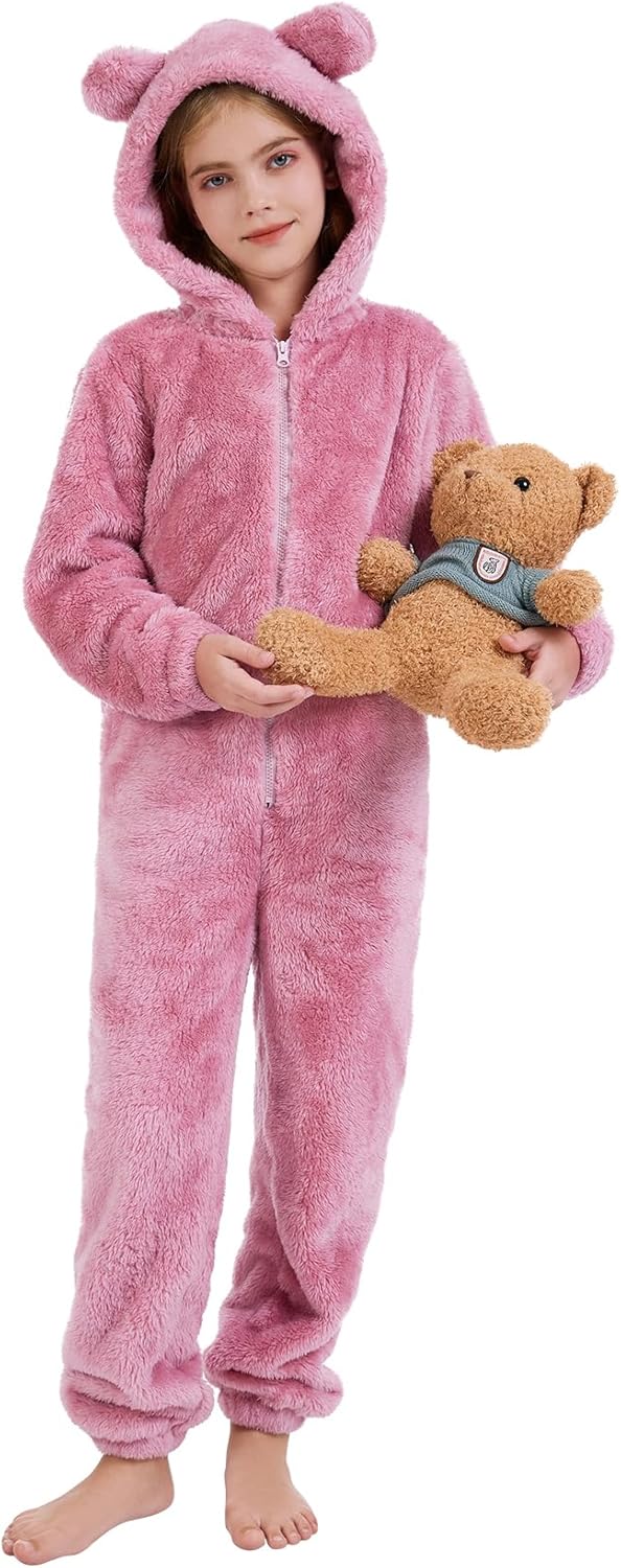 COZYPOIN Girls Fleece Zip Up Jumpsuits Kids Hooded Rompers Fuzzy Onesie Warm Cute Costume Winter Clothes - Image 4