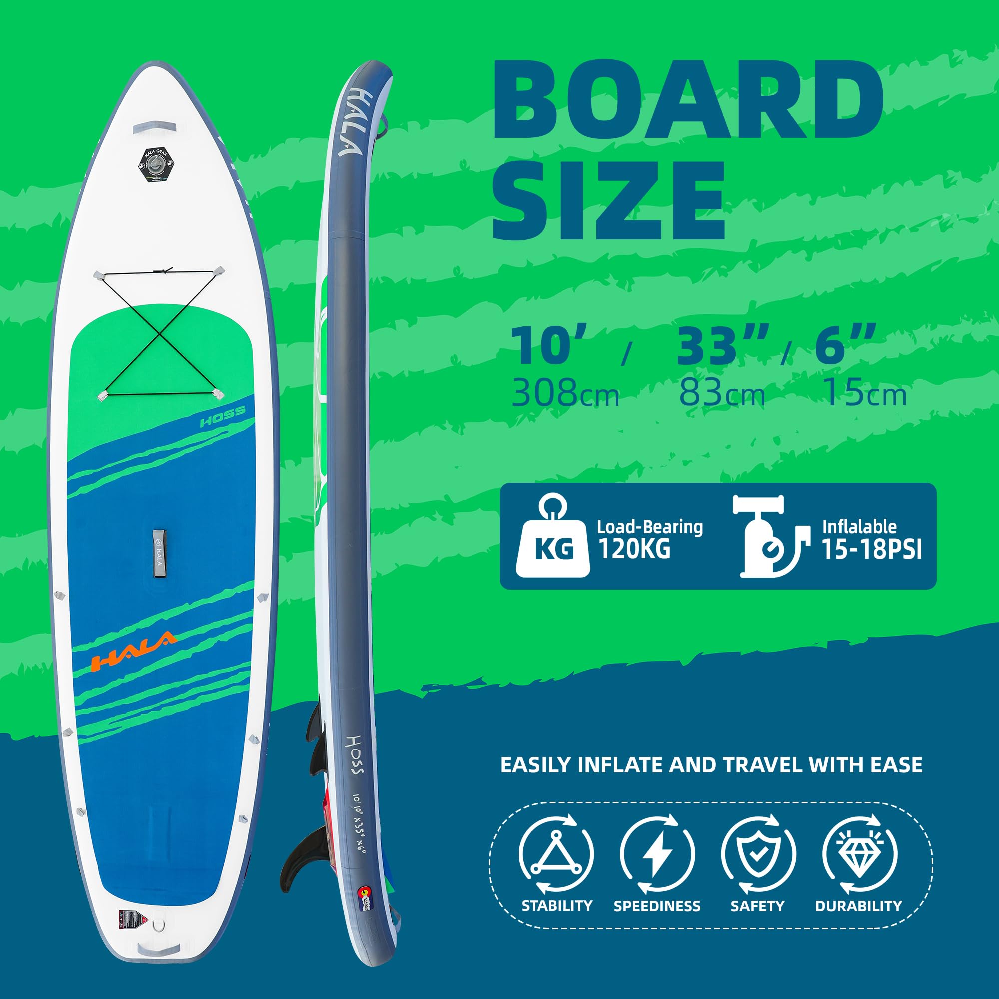 Hala 10.10' Tabla Paddle Surf Hinchable - Sistema de Aletas US Fin Pro, Diseño Tail Kicker para máximo Control y Estabilidad