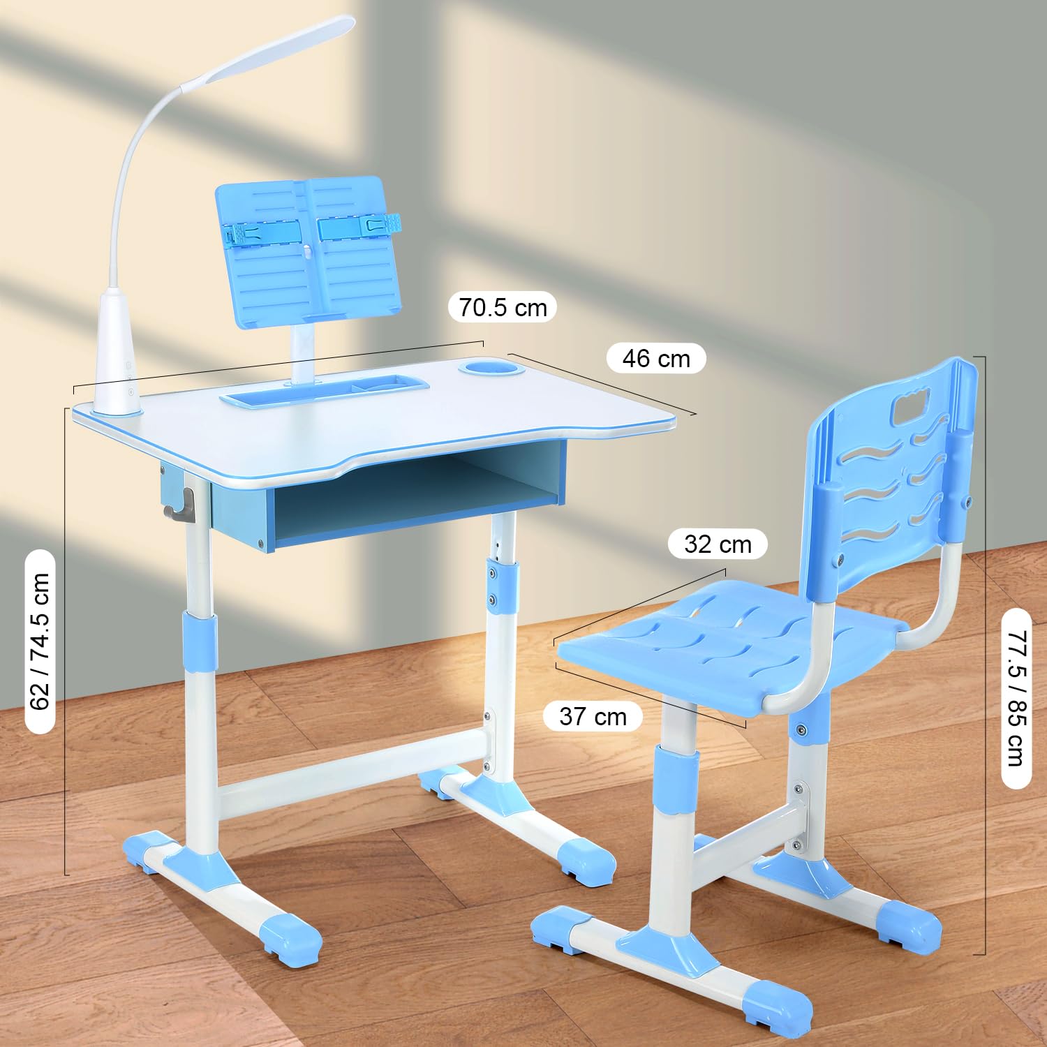 Mesa y Silla Infantil Regulables en Altura, Escritorio para Niños con Cajón, Portavasos,Lámpara LED y Estante para Libros,Silla Ergonómica con Respaldo Curvo, para Estudio y Tareas desde 6 años