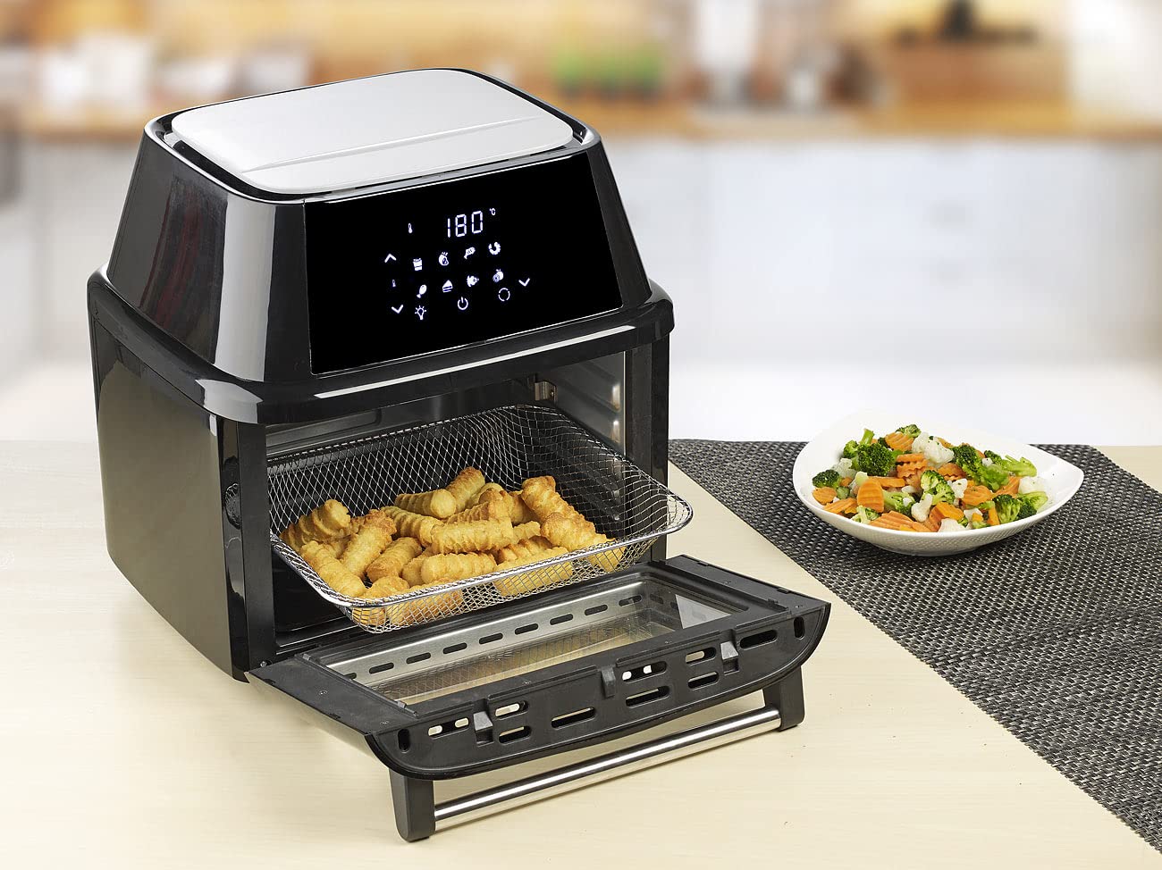 Rosenstein & Söhne Minibackofen: Digitale XXXL-Heißluft-Fritteuse & Umluft-Backofen, 8 Programme, 16 l (Mini Ofen, Heißluftfritteuse mit Drehkorb, Pizza)