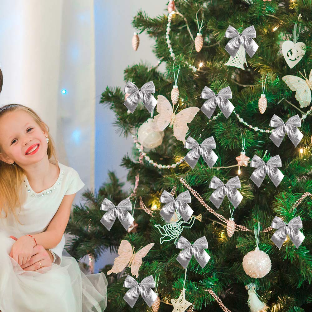 120 Fiocchi Natalizi In Tessuto Floccato Per Albero – 5,5 Cm – Colore Argento – Decorazioni Fai Da Te