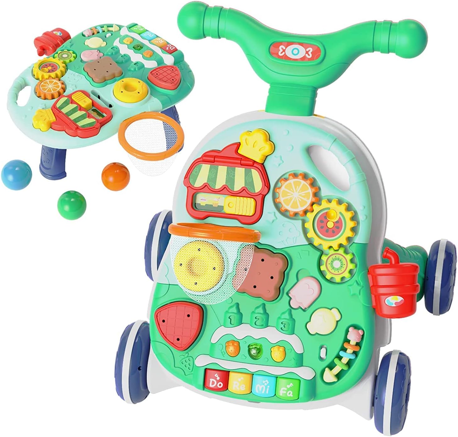 AM ANNA Sit to Stand Learning Walker With Wheels, 2 in 1 Push Walker and Activity Center for Baby Boy Girl (Green)