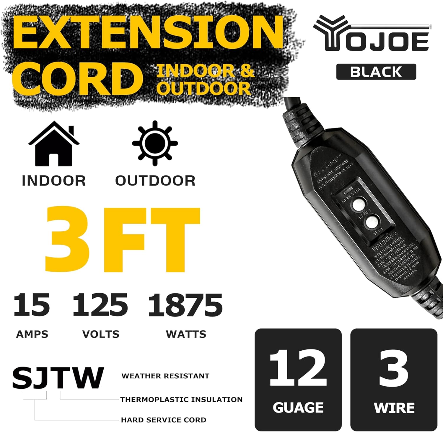 YOJOE 3 Foot GFCI Black Extension Cord,Lighted Outdoor 12/3 Cord with 3 Power Outlets,12 Gauge 3 Prong SJTW Heavy Duty Extension Cable with 3 Prong Grounded Plug for Safety,UL Listed