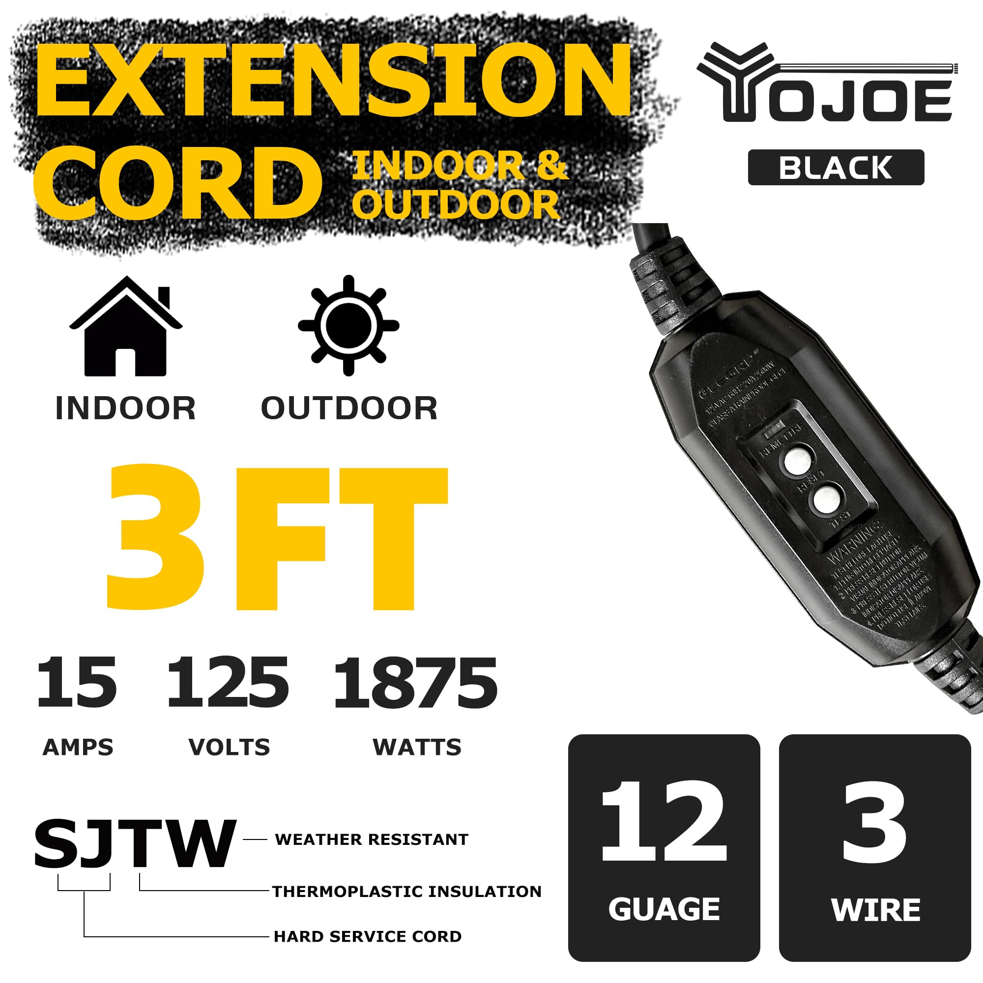 YOJOE - Cable de extensión GFCI negro de 3 pies, cable iluminado para exteriores de 12/3 con 3 tomas de corriente, cable de extensión SJTW de calibre 12 de 3 puntas con enchufe de tierra de 3 puntas
