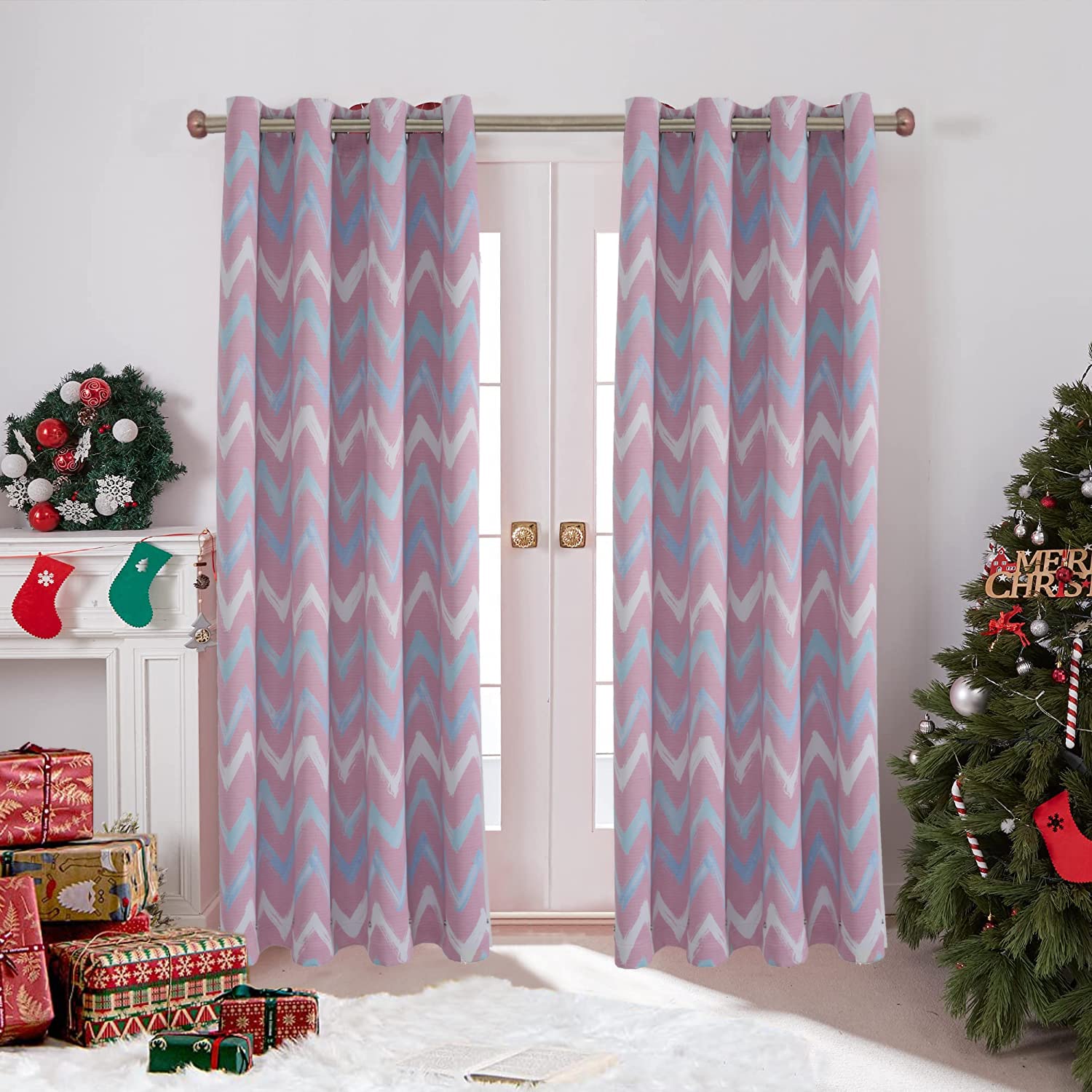 Clothink Curtains for Children's Room Girls Boys 140 x 145 cm Pink Waves Eyelets (Pack of 2) Children's Curtains Opaque Blackout Curtains