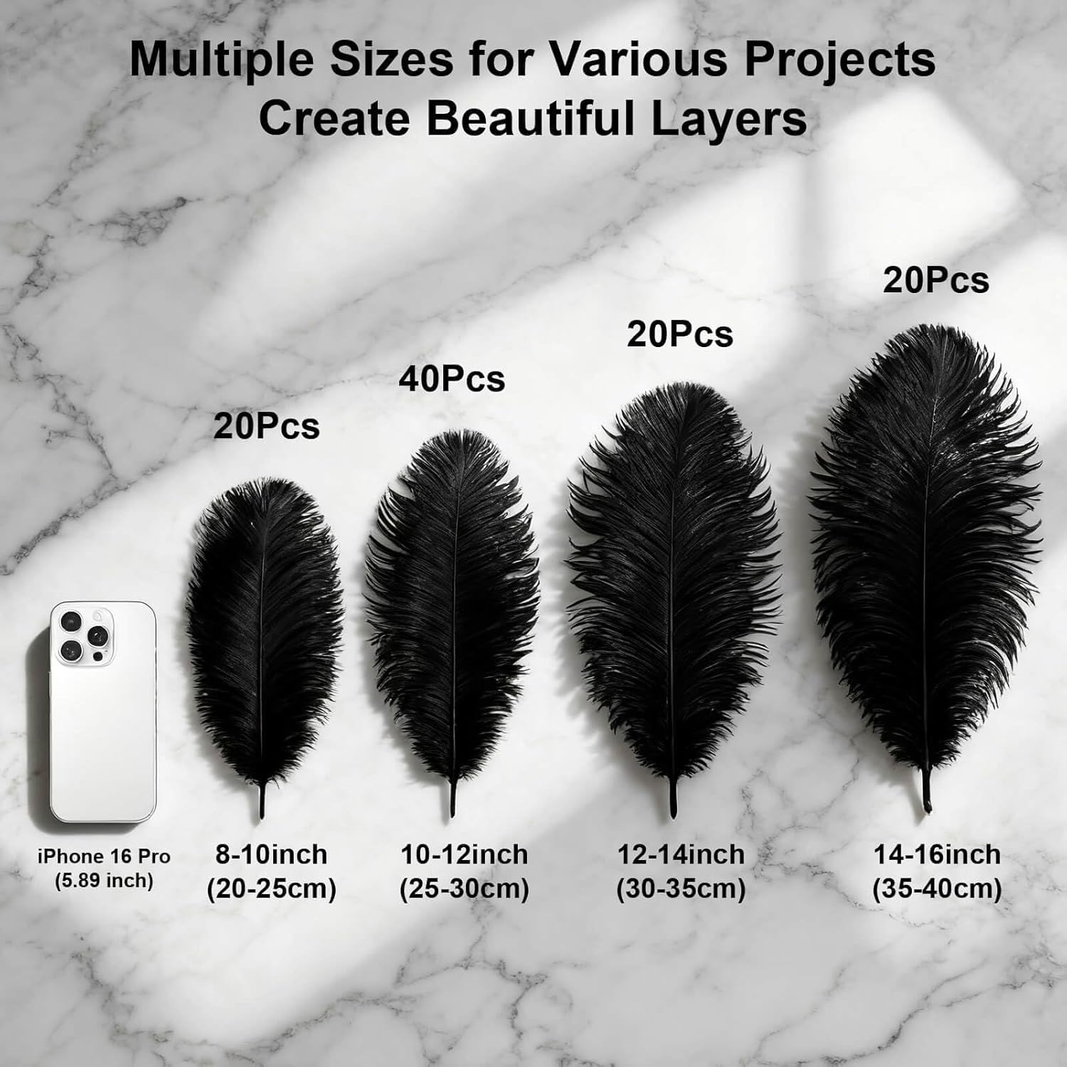 Piokio 100 Pcs Large Natural Black Bulk Ostrich Feathers, 14-16 Inch 12-14 Inch 10-12 Inch 8-10 Inch Ostrich Feathers Plumes for Wedding Party Decoration, Centerpieces Home Decor Flower Arrangement