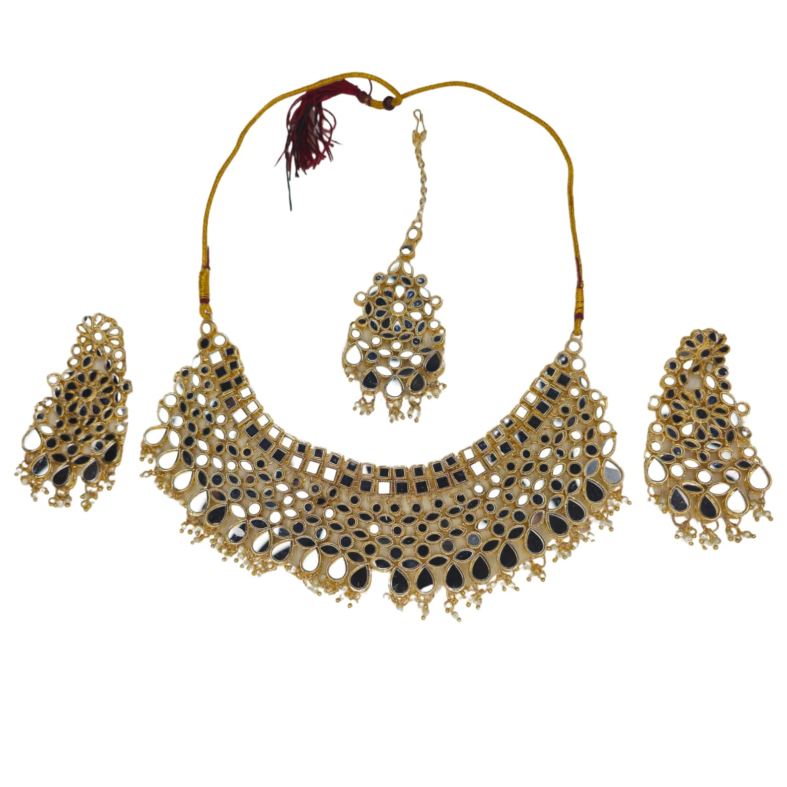 Antique Gold Plated Mirror Work Set with Big Earings and Mang Tika (B0DH2XR1D5) Amazon Price History, Amazon Price Tracker
