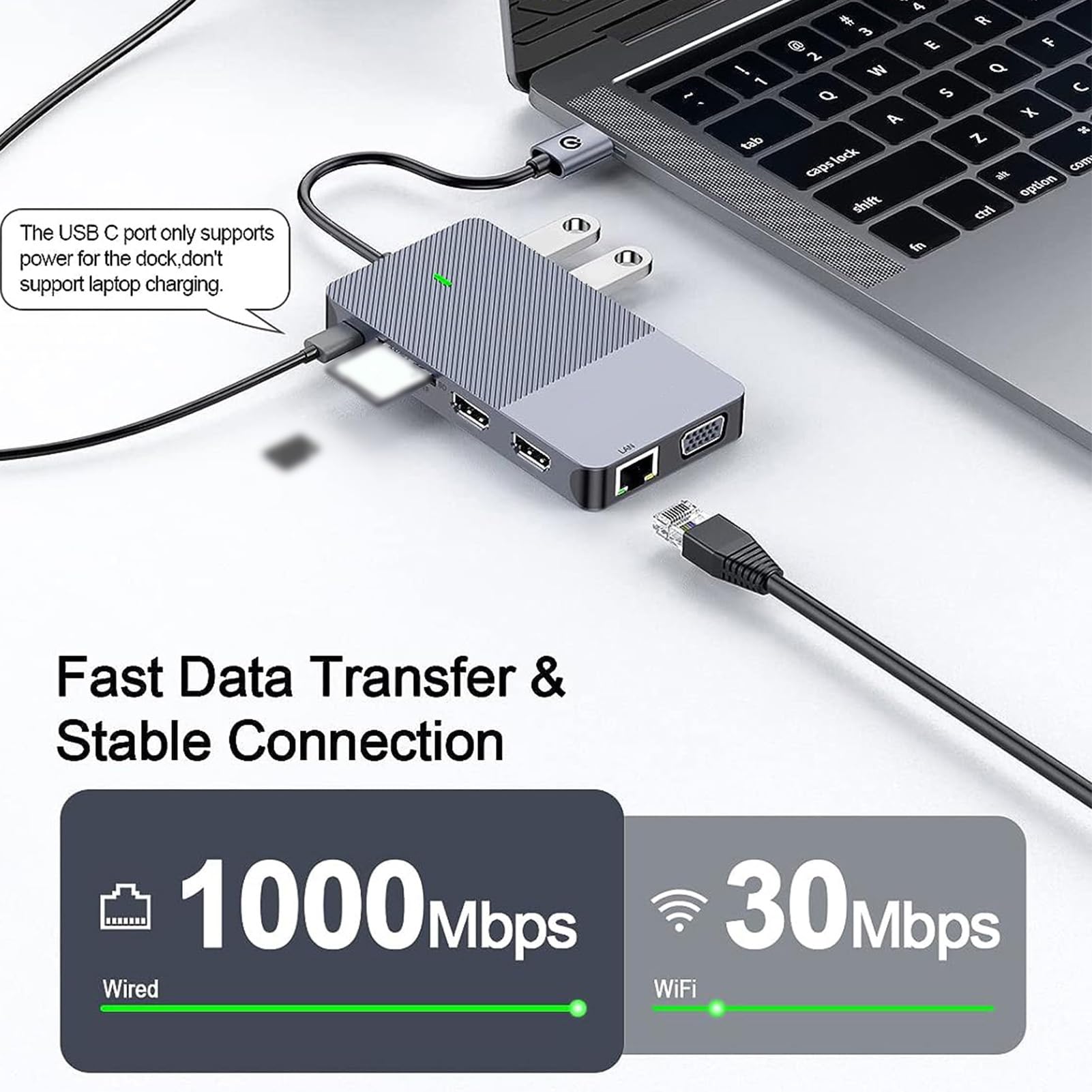 Gugxiom Hub USB C con Triplo Display 11 in 1, Design in Alluminio con Doppia Uscita HD e VGA, Docking Station USB con Slot LAN 3.0 TF, Audio da 3,5 Mm per Laptop A e Tipo C.