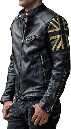 Fancyd Union Jack UK FLAG Cafe Racer Vintage Men Yellow/Black Motorcycle Biker Leather Jacket - cafe racer jacket
