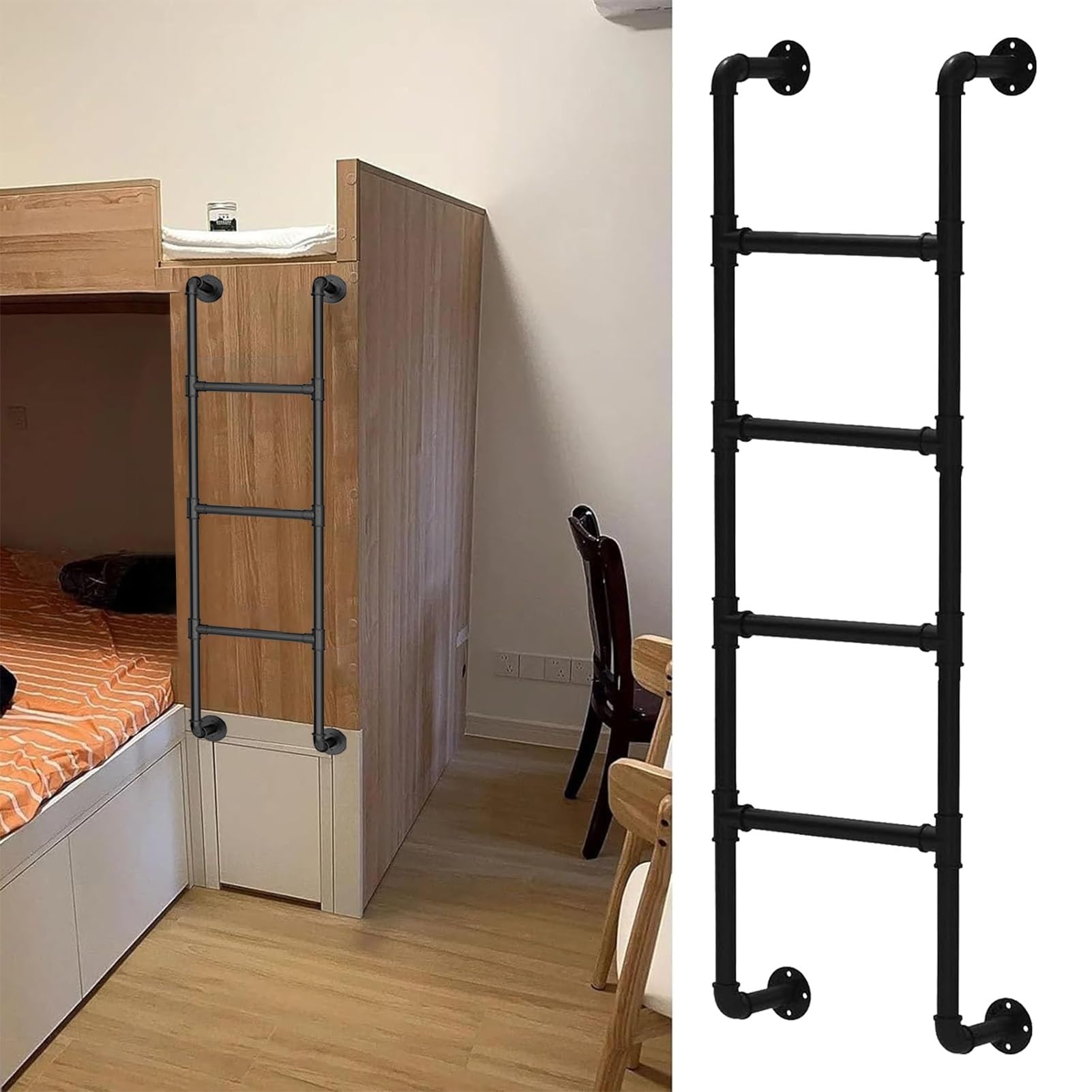 Échelle en fer forgé noir robuste 165 cm avec fixation murale pour lit