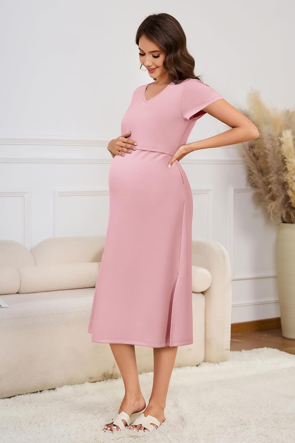 OUGES Womens 2025 Summer Short Sleeve Maternity Nursing Dress V Neck Breastfeeding Split Pregnancy Clothes with Pockets - Image 4