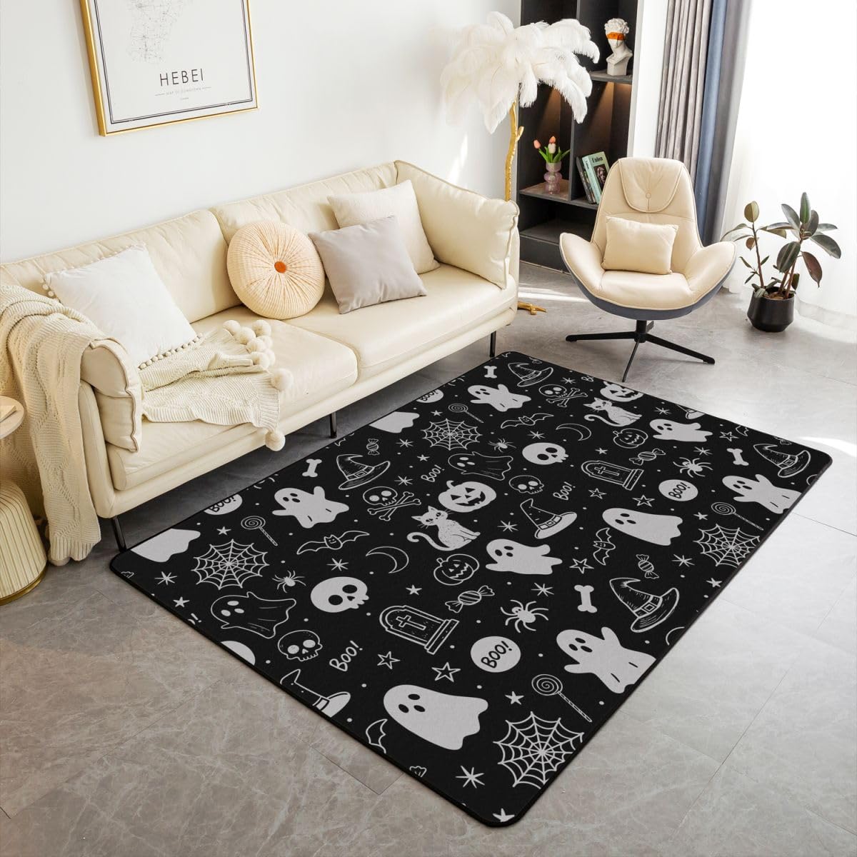 Manfei Halloween Kürbis Laterne Bereich Teppiche,Hexenhut Ghost Spider Web Rutschfester Teppich Schwarzes Fledermaus Sterne Skelett Indoor Fußbodenmatte Home Wohnzimmer Dekor,100 x 150 cm