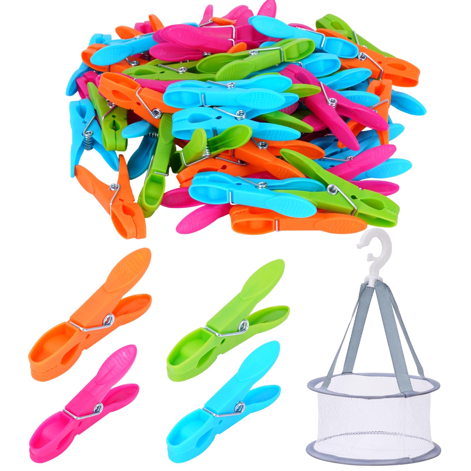 Pack of 60 Large Clothes Pegs, 4 Colours of Plastic Clothes Pegs with Basket, Colourful Feather Clothes Pegs for Clothes and Paper Towels