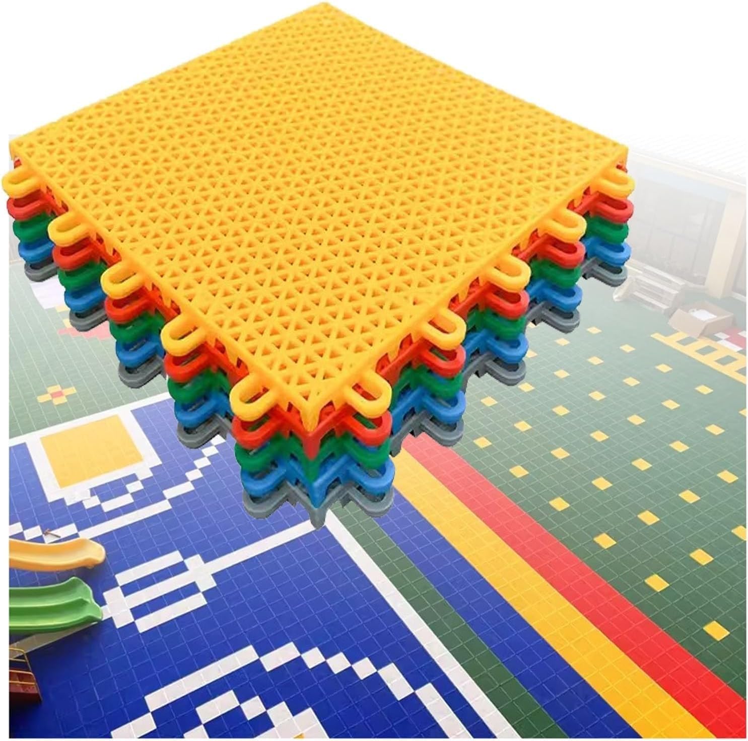 Sport Court Floor Tiles, 9.84 Inch Modular Interlocking Floor Tiles, Kindergarten School DIY Splicing Floor Mat(Green)