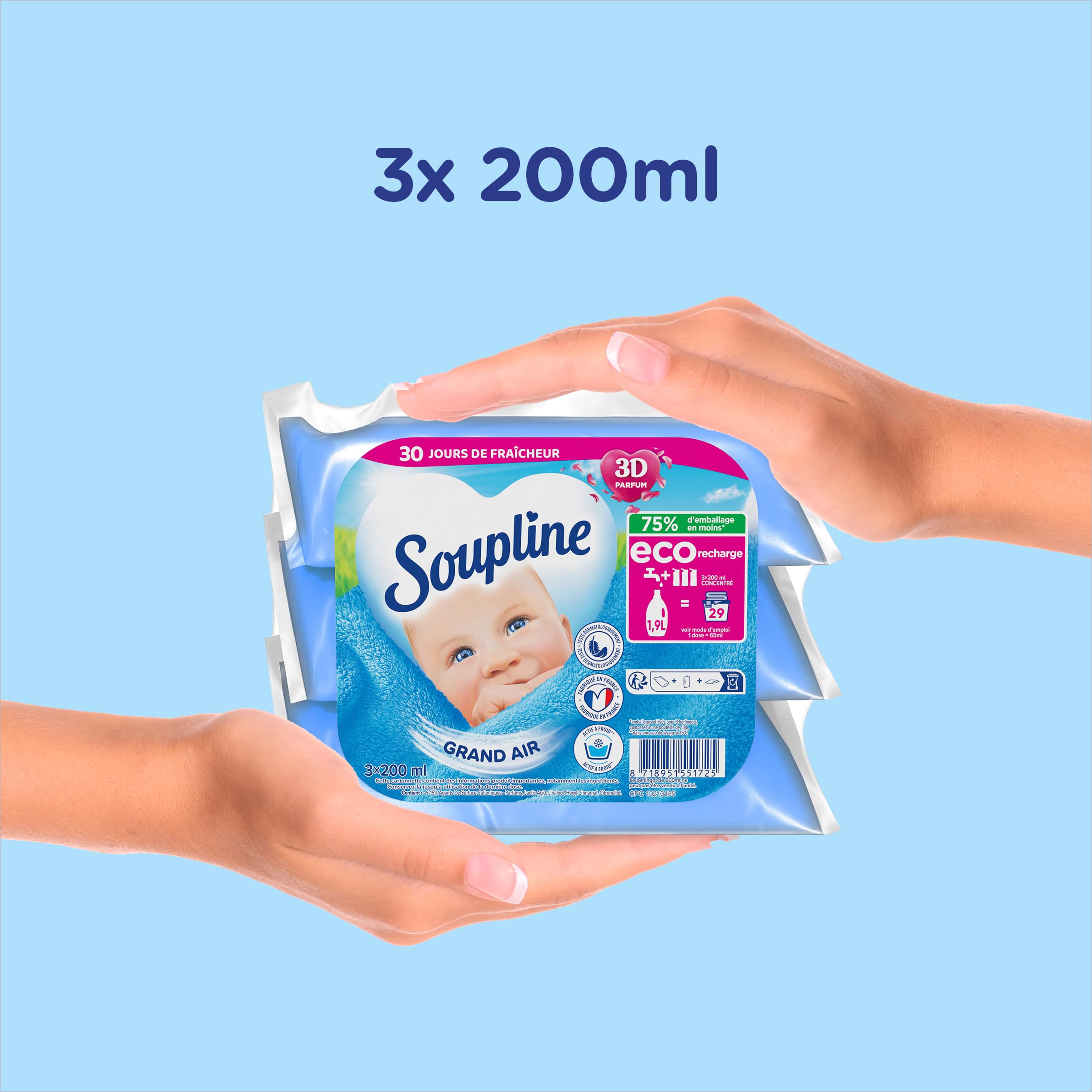 SOUPLINE - Weichspüler-Konzentrat Soupline 3D Grand Air – Eco-Nachfüllpackungen – aktive Formel mit Kälte – 92 % Inhaltsstoffe natürlichen Ursprungs – 16 Packungen à 3 x 200 ml