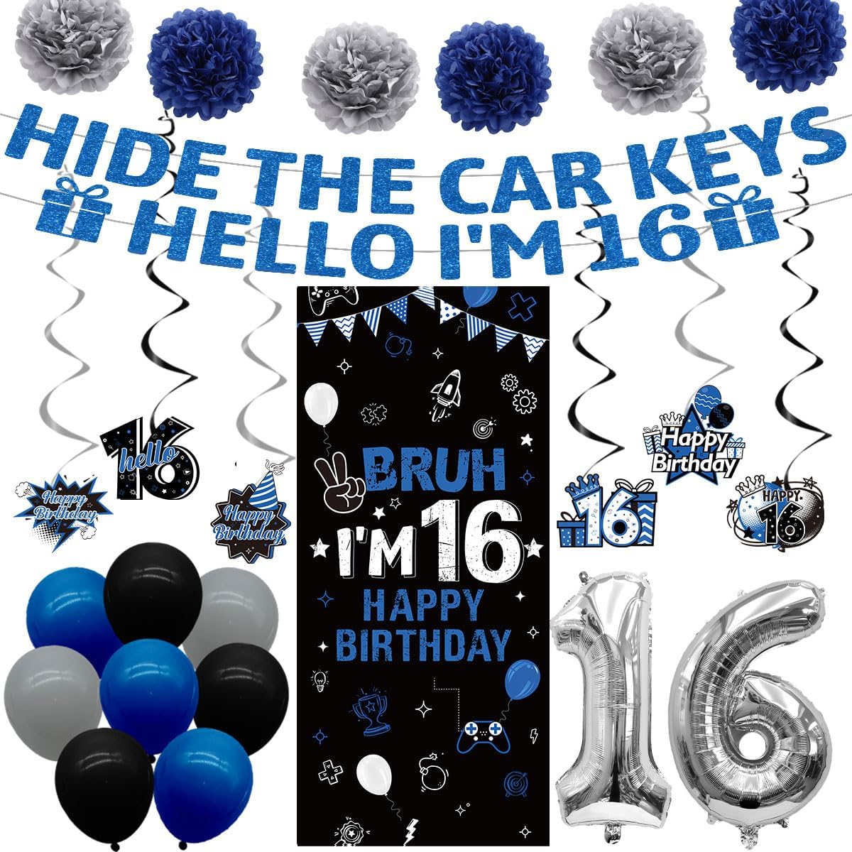 16th Birthday Decorations for Boys Girls 37PCS Blue Black Bruh I'm 16 Hide the Car Keys Party Decorations Backdrop, Banner, Hanging Swirls, Pompoms, Balloons, Cheers to 16 Years Party Supplies