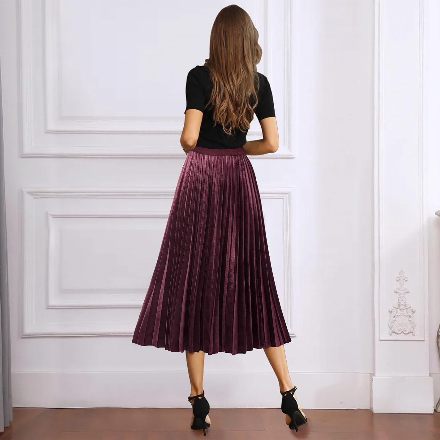 GOOBGS Women's Pleated A-Line High Waist Swing Flare Midi Skirt - Image 3