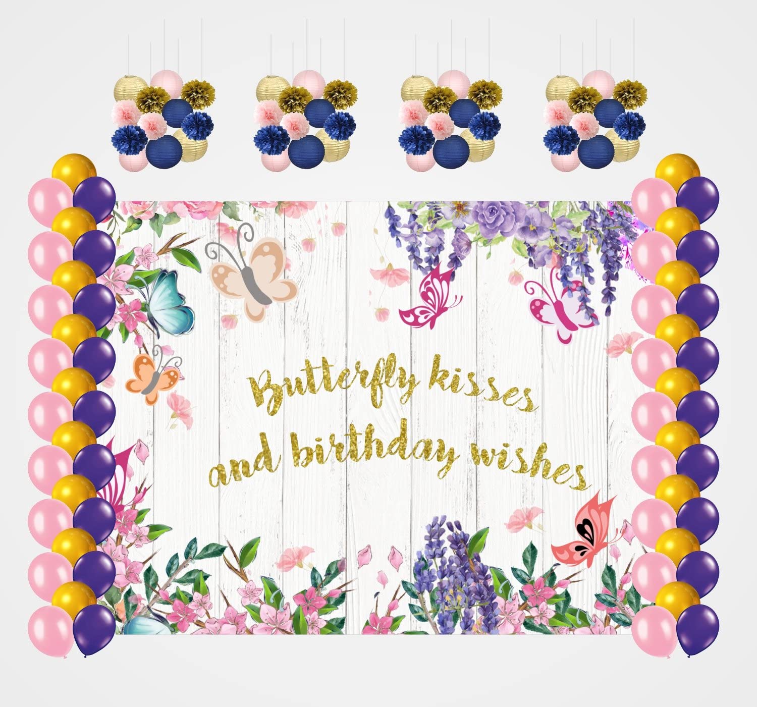 Theme My Party Combo Kit -Butterfly & Fairies Decoration Kit with Backdrop,Balloons and Pom Pom/Lanterns (7ft X 5ft)