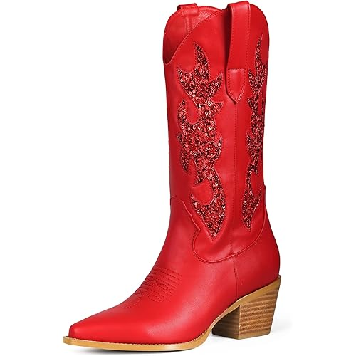 Women's Cowgirl Embroidered Western Cowboy Boots, Mid Calf Booties Pointed Toe Chunky Heel 5cm Pull On Fashion Design Western Boots for Ladies, Party and Outdoor