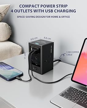 LIPWEL Multi Plug Extension Socket Surge Protection Extension Lead with USB Slots GaN 30W Fast Charging Power Extension Overload Protection 4 Way Extension Cord 1.5M Extension Cable