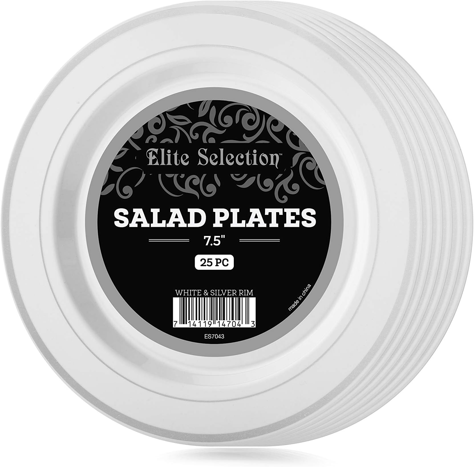 ELITE SELECTION Pack of 25 White Salad/Dessert 7.5-Inch Disposable Party Plastic Plates With Silver Rim
