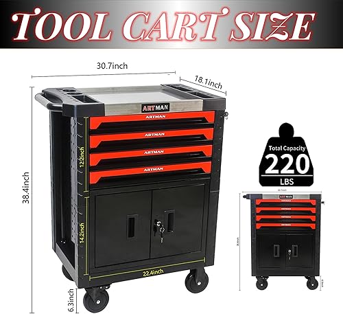 Miniatura 6 de Campfun Carrito de herramientas rodante caja de herramientas de 4 cajones resistente con cajones y ruedas con cerradura, organizador para garaje o