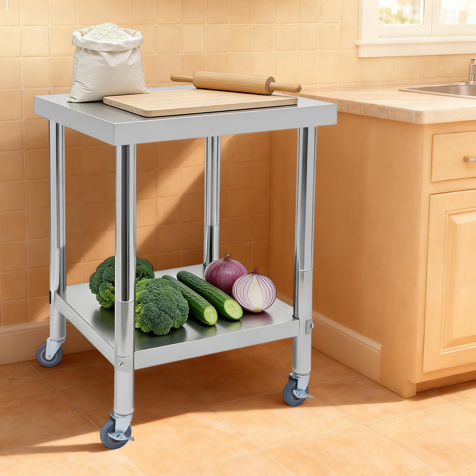 Tavolo da lavoro in acciaio inox, tavolo da lavoro cucina, preparazione in acciaio inox a 2 livelli, stoccaggio a 2 livelli, dotato di 4 ruote di cui 2 con freno, carico 300 kg, cucina ristorante