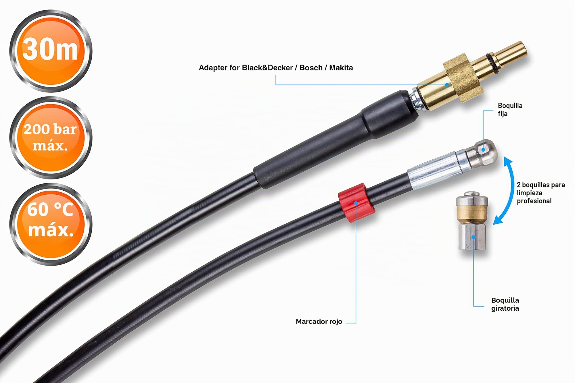 Desatascador de Tuberias para Hidrolimpiadora 30m, 200 bares - Manguera de Limpieza compatible con Bosch, Black+Decker, Nilfisk, Makita - Boquilla Fija, Boquilla Giratoria KNOFER