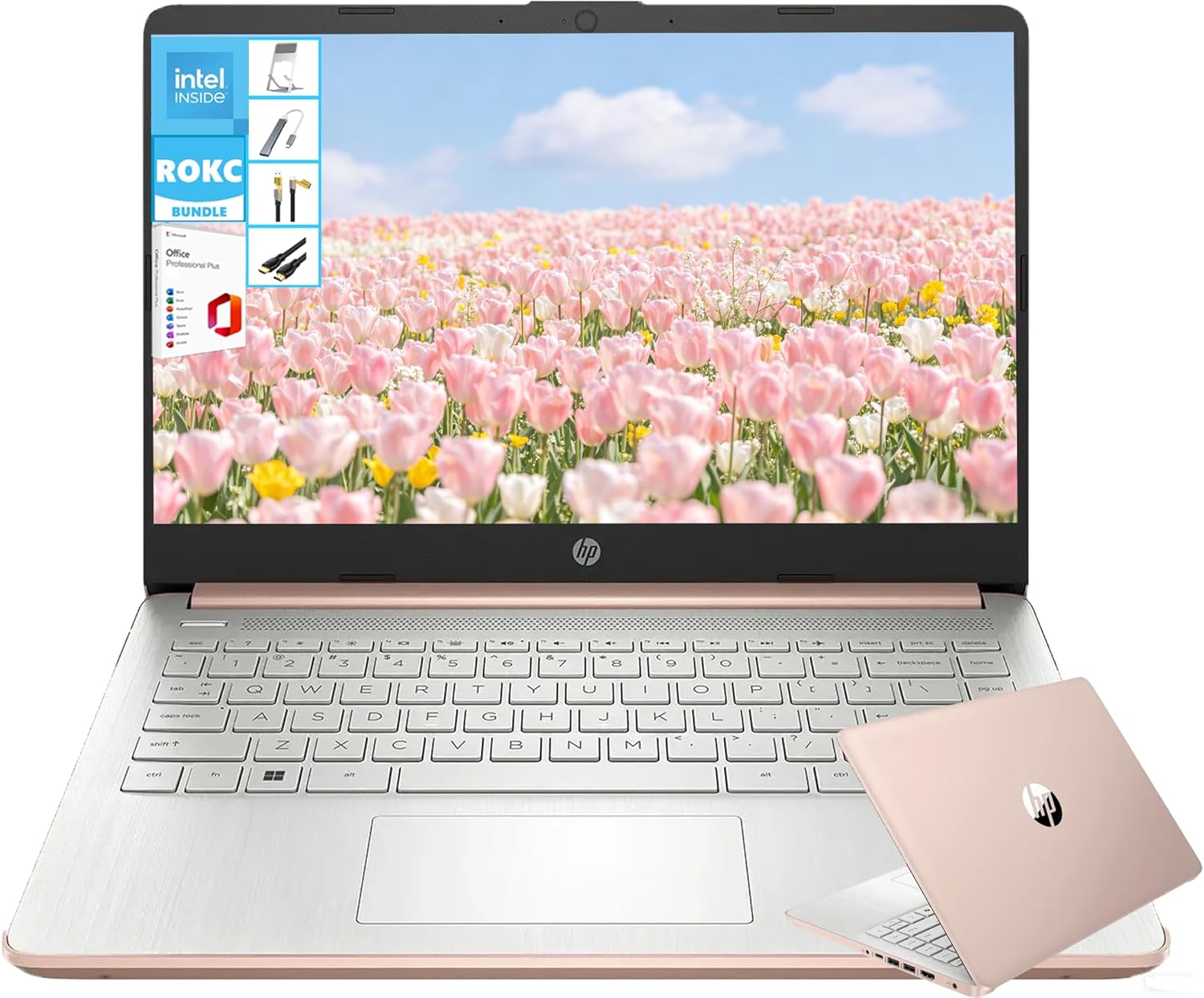HP 14" Slim & Portable Laptop, All Day Battery, HD Micro-Edge Display, Comfort Keyboard, Intel Dual-Core, 4GB RAM, 64GB eMMC, WIN 11 + Microsoft 365, Copilot AI, for Work & Study, Rose Gold, RK Bundle