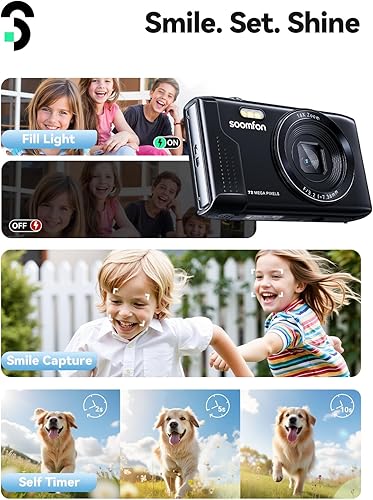 Miniatura 5 de SOOMFON Cámara digital  Máx. 72MP apuntar y disparar cámaras para niños con zoom de 16X, tarjeta TF 32G, 2 baterías y lector de tarjetas, cámara