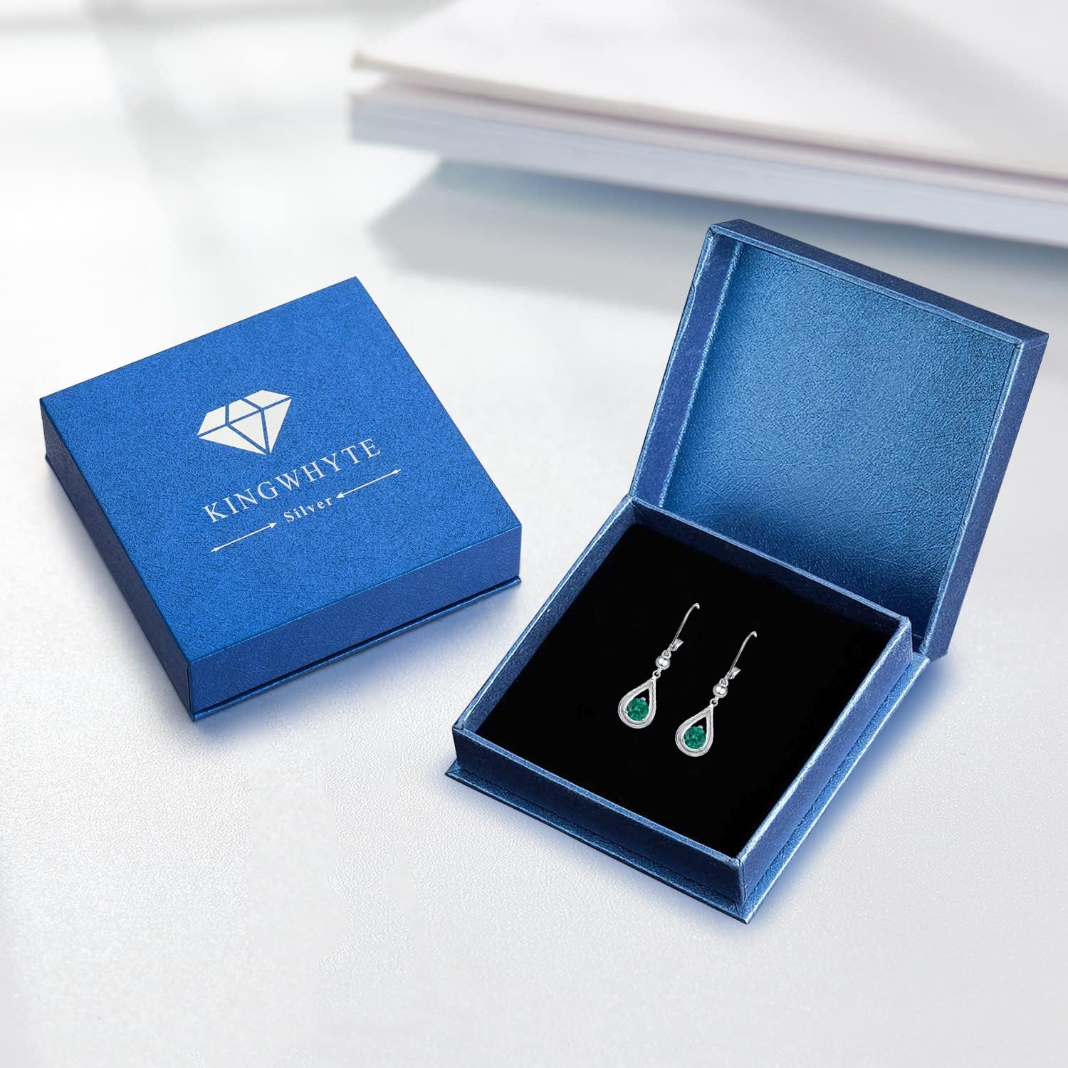 KINGWHYTE Dangle Drop Birthstone Earrings 925 Sterling Silver Leverback Earrings 14K White Gold Birthday Anniversary Fine Jewelry for Women