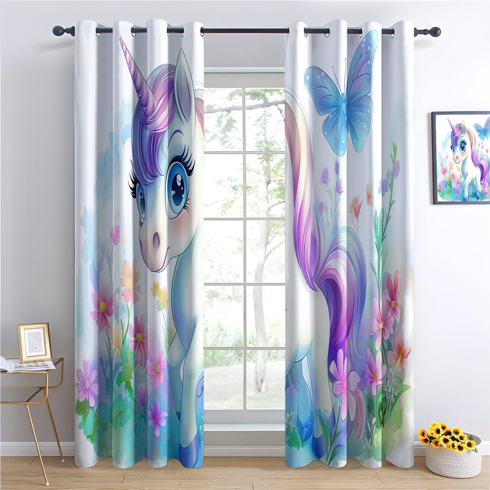 Rideau Occultant Thermique Isolant Anti Froid à Oeillets 183 x 214 cm Licorne Animal De Dessin Animé Anti Bruit Décoration de Rideau pour Chambre Salon, Couleur