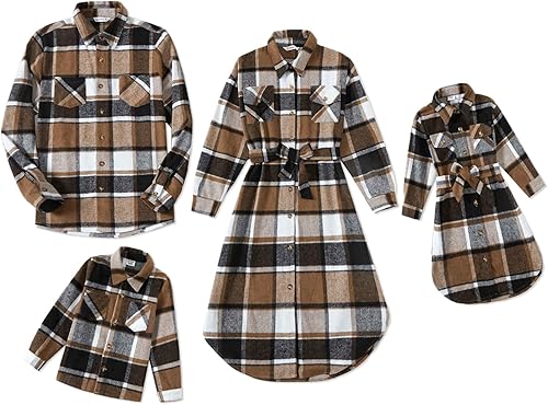 PATPAT Conjuntos familiares a juego para mamá y yo, vestidos de falda y camisa a cuadros para parejas, conjuntos de manga larga con bolsillos