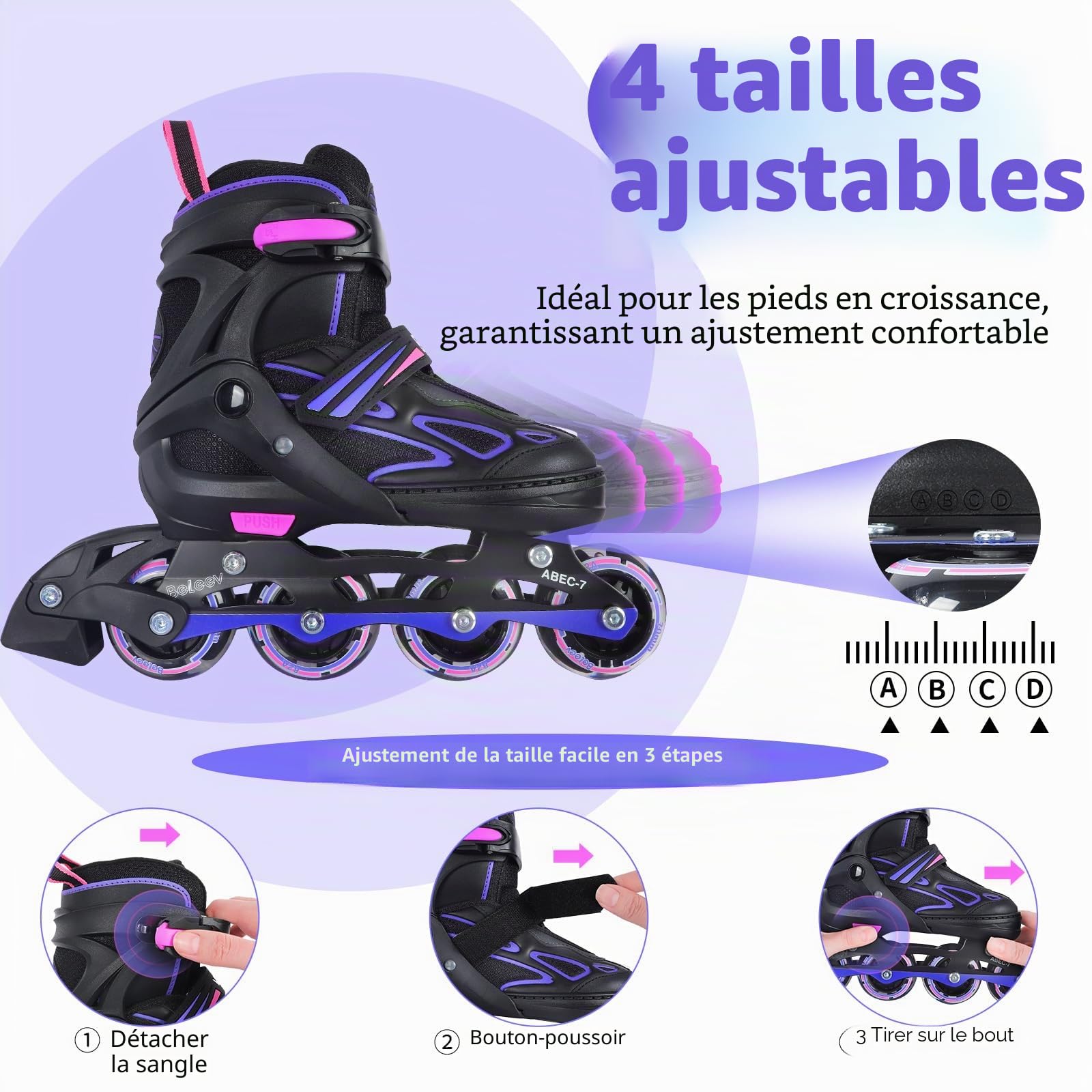 Patins à roulettes Enfant BELEEV 4 Tailles Ajustables Lacets Roues LED Lumineuses Filles Garçons